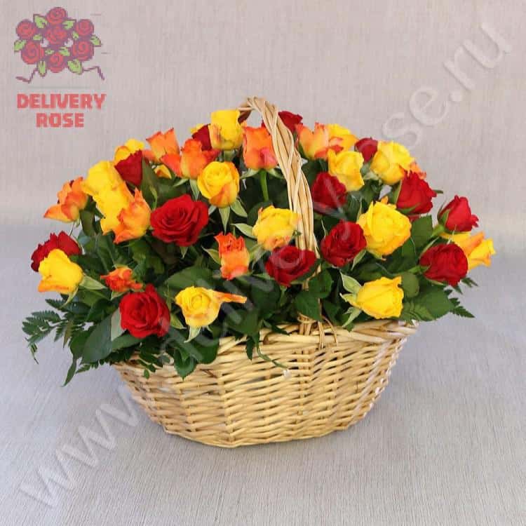 51 красная, желтая и оранжевая роза 40 см. в корзине Cтандарт